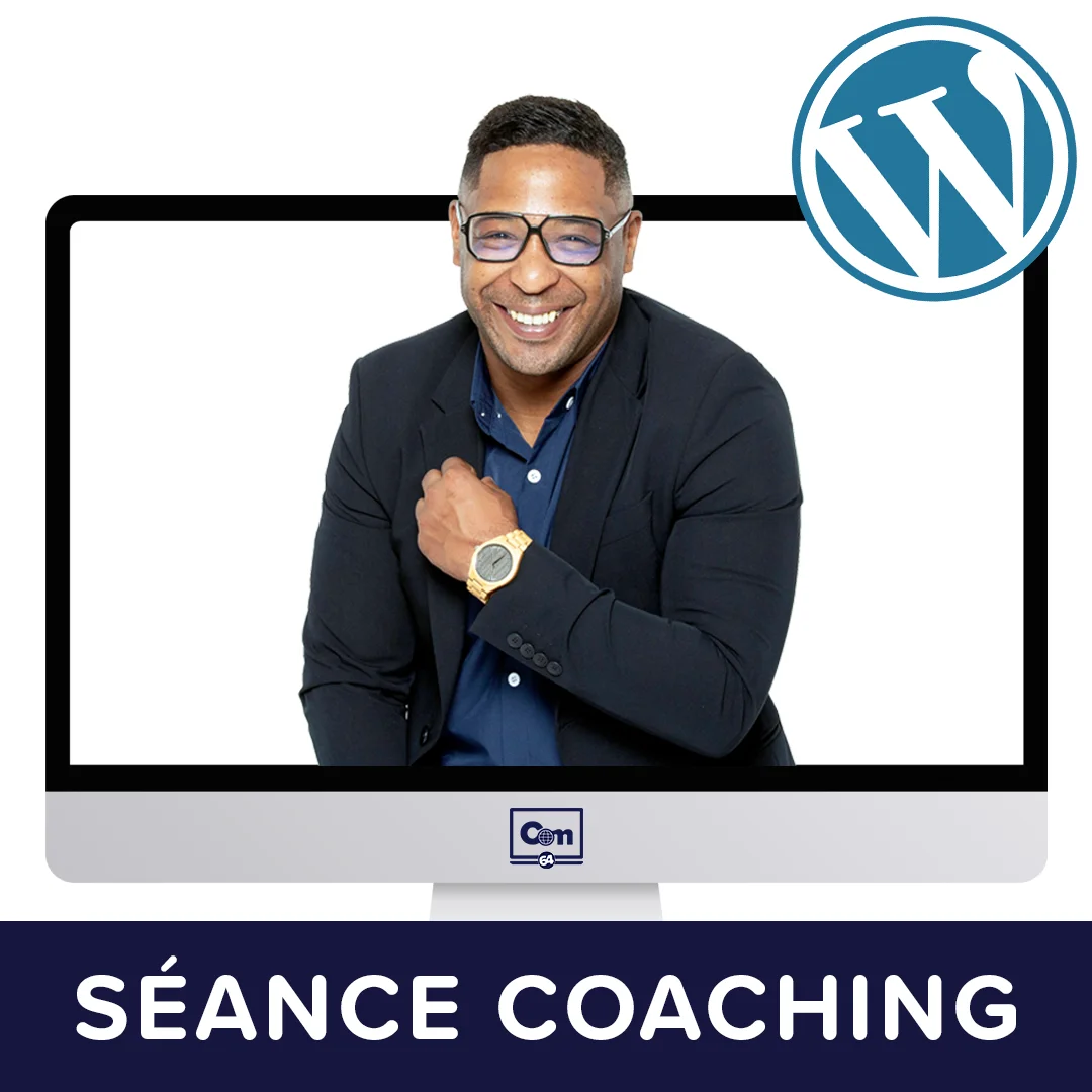 Montage visuel — Cédric Dintimille sortant d’un écran, coaching WordPress