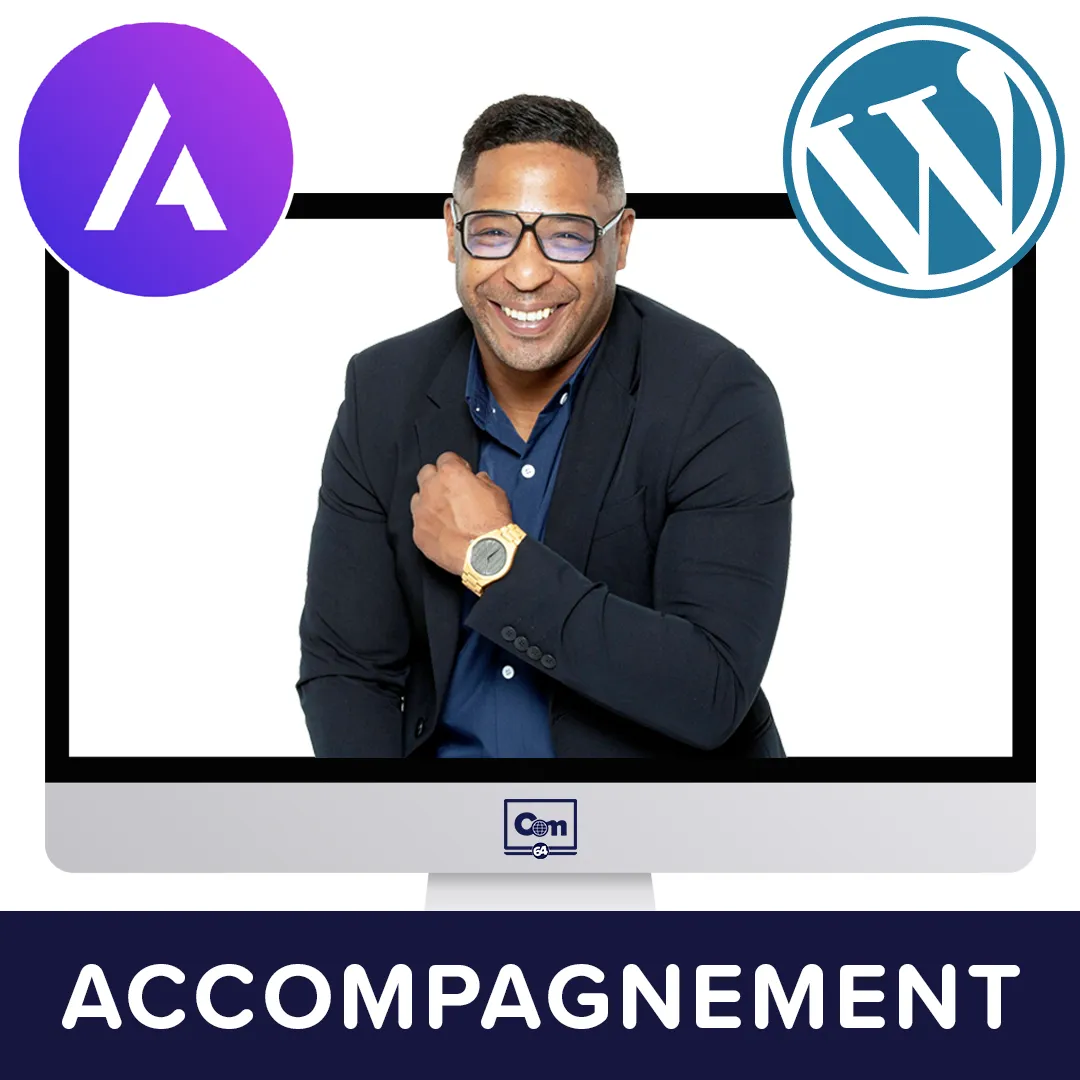 Montage photo de Accompagnement WordPress avec Cédric Dintimille sortant d'un écran d'ordinateur avec en haut à droite le logo WordPress et à gauche le logo de ASTRA