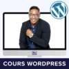 Montage photo du Cours WordPress avec Cédric Dintimille sortant d'un écran d'ordinateur au côté du logo WordPress